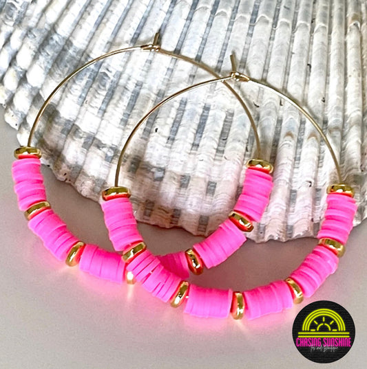 Pink Heishi Bead Hoop Earrings