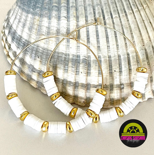 White Heishi Bead Hoop Earrings